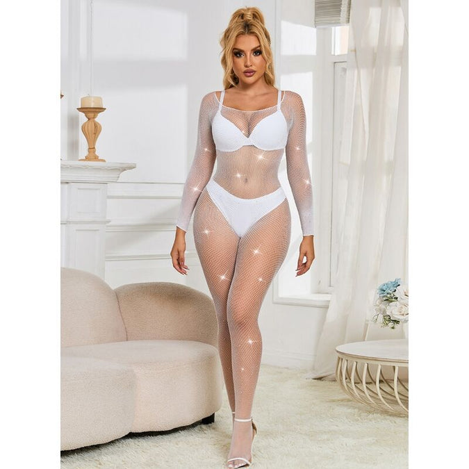 Subblime – 952396 Fishnet Bodystocking With Diamonds Long Sleeve White One Size