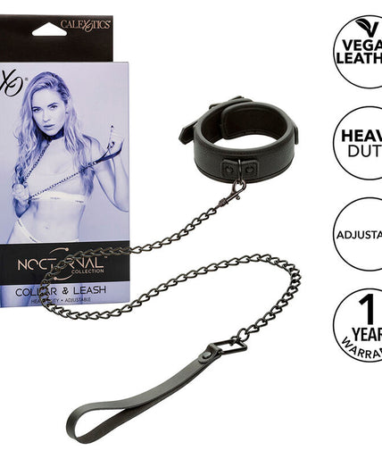 CALEXOTICS - NOCTURNAL COLLAR & LEASH LEATHER ADJUSTABLE BLACK