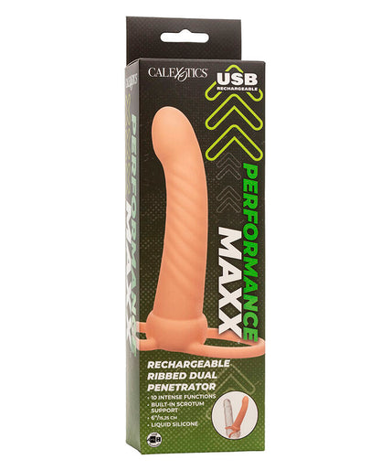 CALEXOTICS - MAXX RIBBED DUAL PENETRATOR 10 VIBRATIONS FLESH