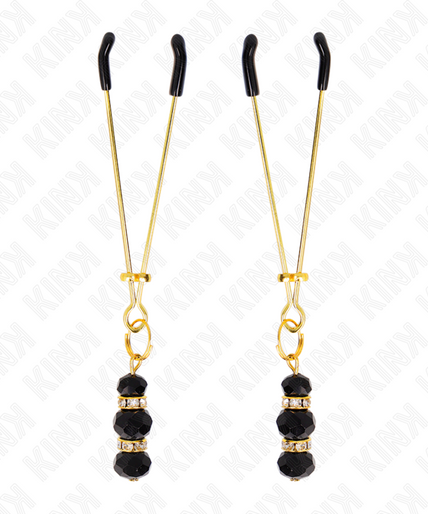 KINK - GOLD THIN NIPPLE CLAMPS WITH 3 BLACK GLASS BEADS 7 CM