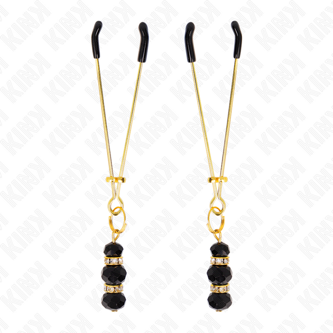 KINK - GOLD THIN NIPPLE CLAMPS WITH 3 BLACK GLASS BEADS 7 CM