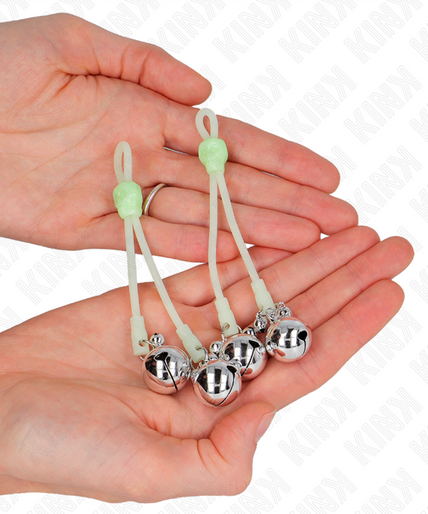 KINK - LUMINOUS SKULL NIPPLE CLAMPS WITH RING BELLS ADJUSTABLE GREEN / SILVER