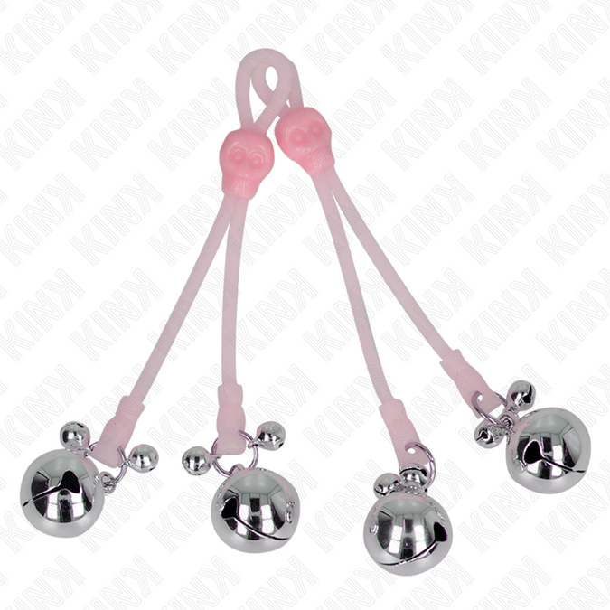 KINK - LICHTGEVENDE SCHEDEL TEPELKLEMMEN MET BELLETJES VERSTELBAAR ROZE / ZILVER