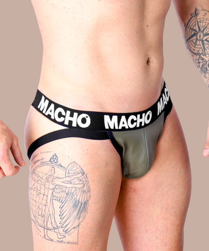 Pleasurements Macho Mx27gr jockstrap in grijsbeige imitatieleer met een elastische Macho-tailleband