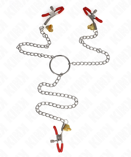 KINK - BELL TRIPLE NIPPLE AND CLIT CLAMPS RED WITH CHAIN 30 CM