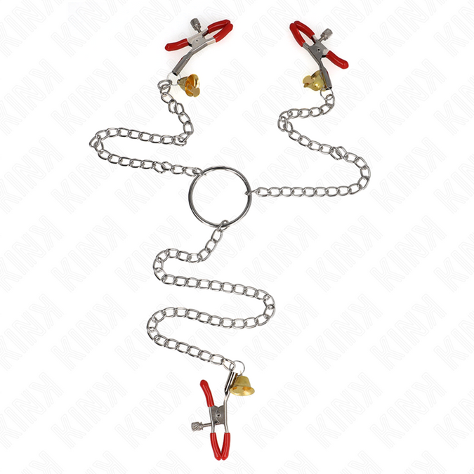 Kink – Bel Drievoudige Tepel- en Clitoris Klemmen Rood met Ketting 30 cm