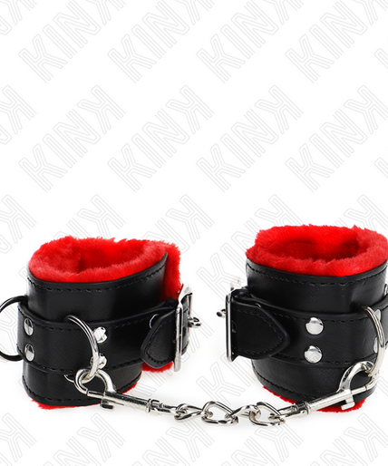 KINK - FUR LINED WRIST RESTRAINTS WITH SQUARE HOLES RED AND BLACK BELT ADJUSTABLE 17-29 CM X 6 CM