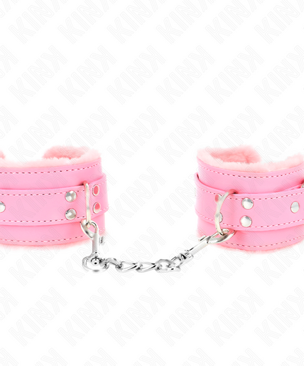 KINK - FUR LINED WRIST RESTRAINTS PINK WITH PINK BELT ADJUSTABLE 17-29 CM X 6 CM