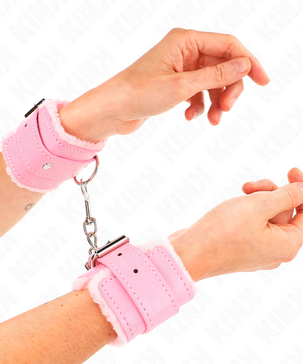 KINK - FUR LINED WRIST RESTRAINTS PINK WITH PINK BELT ADJUSTABLE 17-29 CM X 6 CM