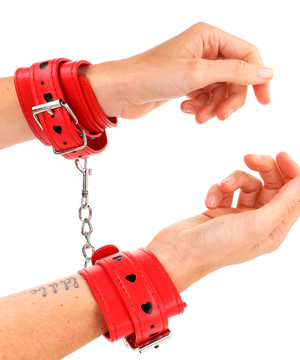 KINK - RED WRIST RESTRAINTS WITH BLACK HEART INLAY ADJUSTABLE 21-28 CM X 5.5 CM