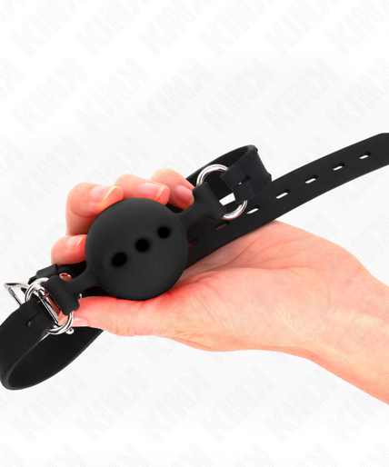 Kink – Volledig siliconen mondknevel 55 x 2 cm met bal van 5 cm maat L Zwart Verstelbaar 35 – 51 cm