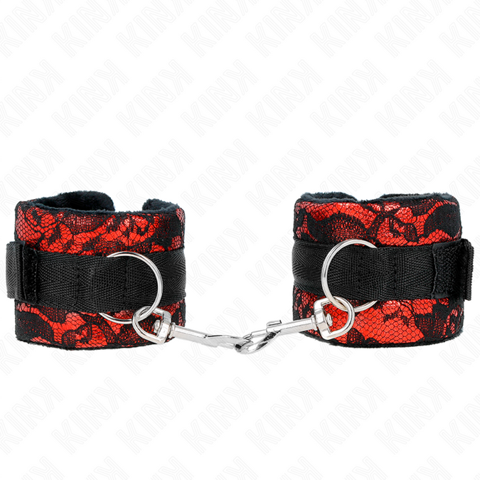 KINK – KORTE FLUWELEN KANTEN POLSBANDEN EN NYLON BIND ROOD/ZWART 23 X 6,5 CM