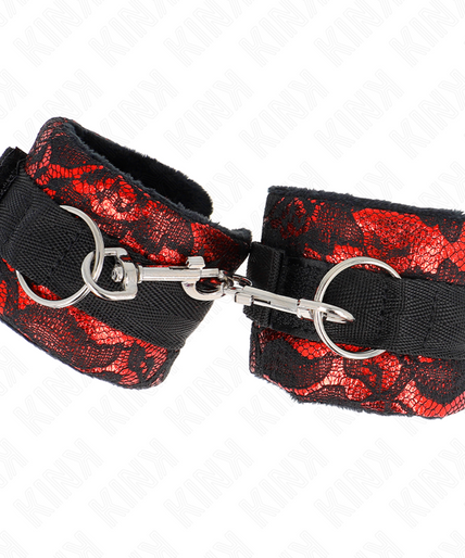 KINK - SHORT VELVET LACE WRIST RESTRAINTS AND NYLON BIND RED / BLACK 23 X 6.5 CM