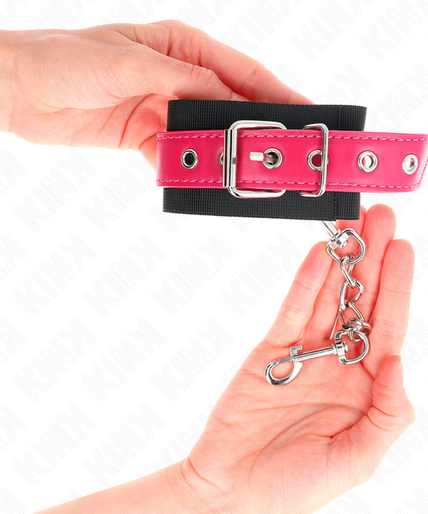 KINK - NYLON WRIST RESTRAINTS BLACK WITH LEATHERETTE BELT RASPBERRY ROSE ADJUSTABLE 19-29 CM X 5.1 CM