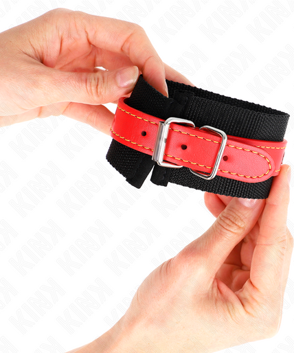 KINK - NYLON WRIST RESTRAINTS BLACK WITH LEATHERETTE RED ADJUSTABLE 19-24 CM X 5.5 CM