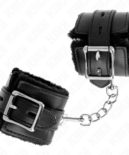 KINK - FUR LINED WRIST RESTRAINTS WITH SQUARE HOLES BLACK AND BLACK BELT ADJUSTABLE 17-29 CM X 6 CM