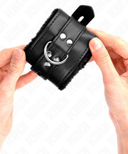 KINK - FUR LINED WRIST RESTRAINTS WITH SQUARE HOLES BLACK AND BLACK BELT ADJUSTABLE 17-29 CM X 6 CM