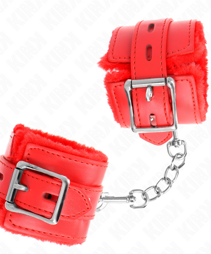 KINK - FUR LINED WRIST RESTRAINTS WITH SQUARE HOLES RED AND RED BELT ADJUSTABLE 17-29 CM X 6 CM