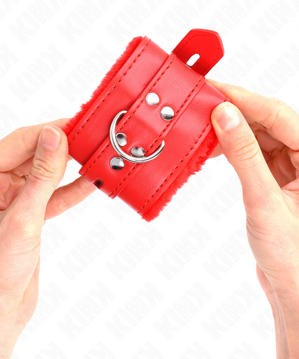 KINK - FUR LINED WRIST RESTRAINTS WITH SQUARE HOLES RED AND RED BELT ADJUSTABLE 17-29 CM X 6 CM