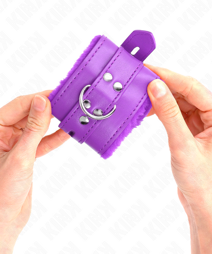 KINK - FUR LINED WRIST RESTRAINTS WITH SQUARE HOLES PURPLE AND PURPLE BELT ADJUSTABLE 17-29 CM X 6 CM
