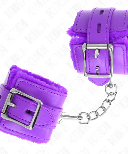 KINK - FUR LINED WRIST RESTRAINTS WITH SQUARE HOLES PURPLE AND PURPLE BELT ADJUSTABLE 17-29 CM X 6 CM