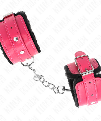 KINK - PREMIUM FUR LINED WRIST RESTRAINTS BLACK WITH RASPBERRY ROSE BELT ADJUSTABLE 17-29 CM X 6 CM