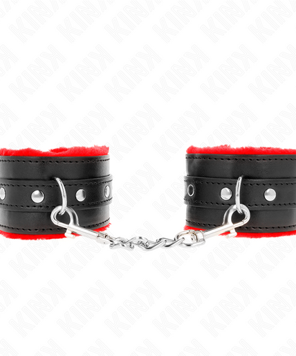 KINK - PREMIUM FUR LINED WRIST RESTRAINTS RED WITH BLACK BELT ADJUSTABLE 17-29 CM X 6 CM