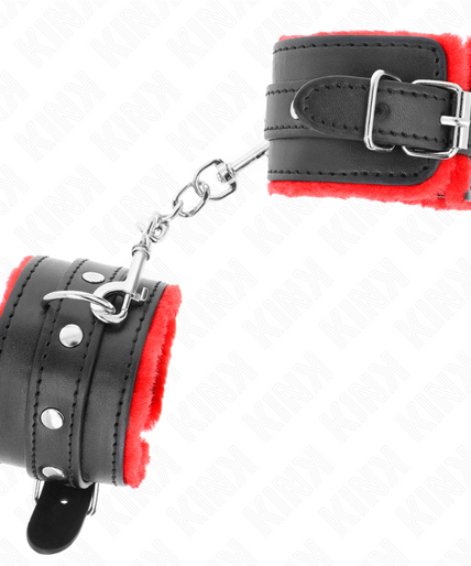 KINK - PREMIUM FUR LINED WRIST RESTRAINTS RED WITH BLACK BELT ADJUSTABLE 17-29 CM X 6 CM