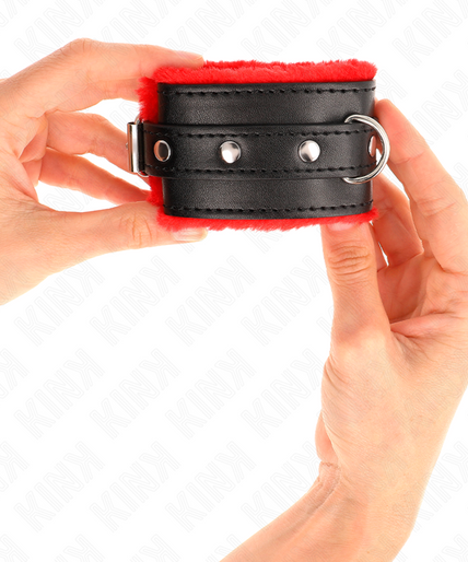 KINK - PREMIUM FUR LINED WRIST RESTRAINTS RED WITH BLACK BELT ADJUSTABLE 17-29 CM X 6 CM