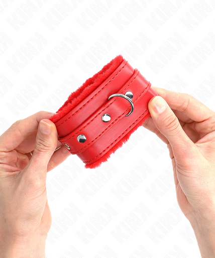 KINK - PREMIUM FUR LINED WRIST RESTRAINTS RED WITH RED BELT ADJUSTABLE 17-29 CM X 6 CM