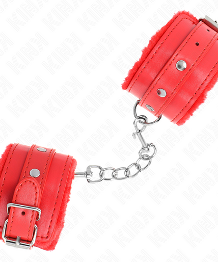 KINK - PREMIUM FUR LINED WRIST RESTRAINTS RED WITH RED BELT ADJUSTABLE 17-29 CM X 6 CM