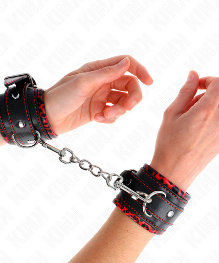 KINK - FUR LINED WRIST RESTRAINTS RED / BLACK ADJUSTABLE 17-29 CM X 6 CM