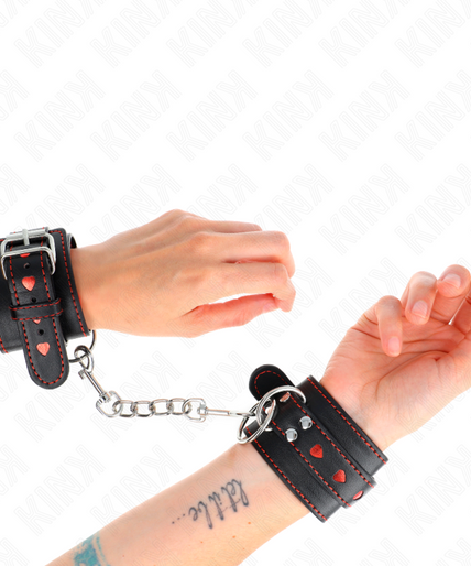 KINK - BLACK WRIST RESTRAINTS WITH RED HEART INLAY ADJUSTABLE 21-28 CM X 5.5 CM
