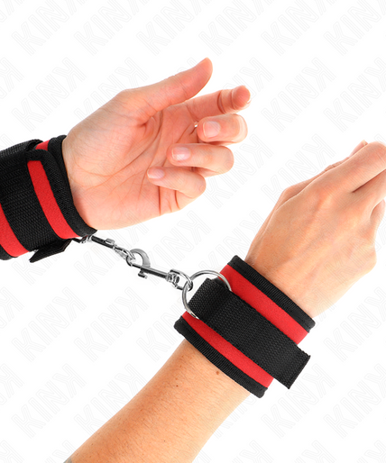 KINK - NYLON BIND HOOK&LOOP WRIST RESTRAINTS RED-BLACK MODEL 2 ADJUSTABLE 18-35 CM X 6 CM