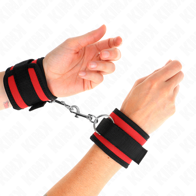 KINK - NYLON BIND HAAK&LUS POLSBANDJES ROOD-ZWART MODEL 2 VERSTELBAAR 18-35 CM X 6 CM