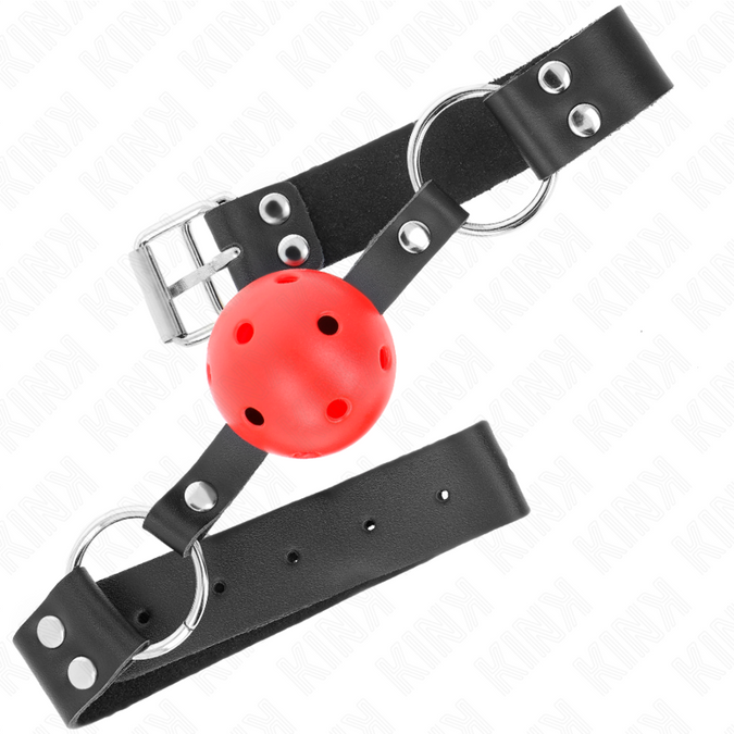 Kink – Ademend Ball Gag 4 cm met dubbele klinknagel, rood, 62,5 x 2,5 cm, verstelbaar van 42 tot 58 cm