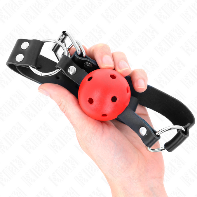 Kink – Ademend Ball Gag 4 cm met dubbele klinknagel, rood, 62,5 x 2,5 cm, verstelbaar van 42 tot 58 cm