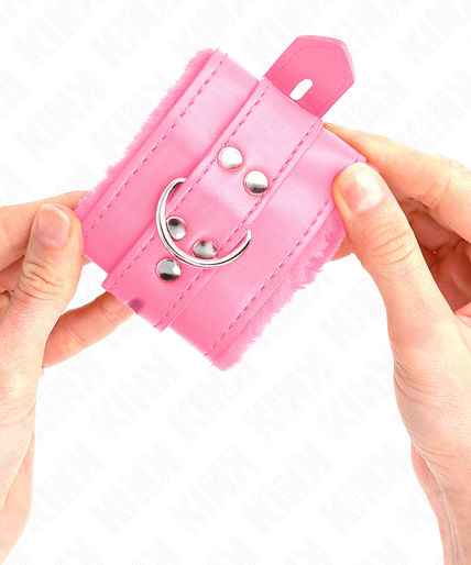 KINK - FUR LINED WRIST RESTRAINTS WITH SQUARE HOLES PINK AND PINK BELT ADJUSTABLE 17-29 CM X 6 CM