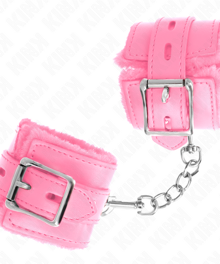 KINK - FUR LINED WRIST RESTRAINTS WITH SQUARE HOLES PINK AND PINK BELT ADJUSTABLE 17-29 CM X 6 CM