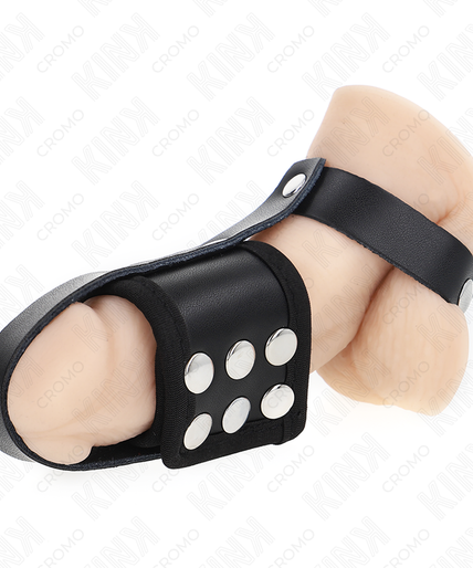 KINK - LEATHER PENIS CAGE RING WITH ADJUSTABLE COATED BALL DIVIDER STRAP