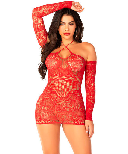 LEG AVENUE - OFF-SHOULDER LONG-SLEEVED MESH MINI DRESS RED
