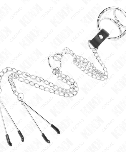 KINK - TRIPLE CHROME METAL PENIS RING 3 CM TO 4.5 CM WITH 26 CM METAL CHAIN AND NIPPLE CLIPS