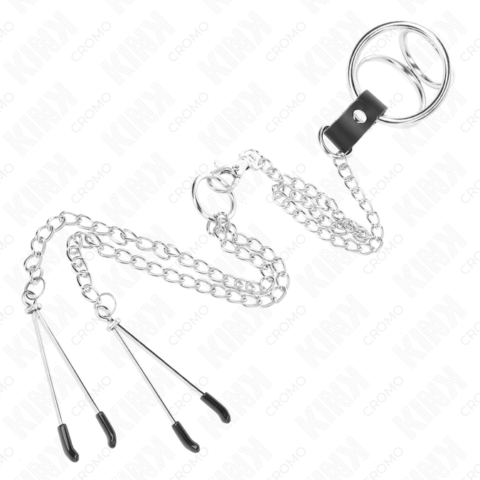 KINK - DRIEVOUDIGE CHROOM METALEN PENISRING 3 CM TOT 4,5 CM MET EEN METALEN KETTING VAN 26 CM EN NIPPELKLEMMEPJES