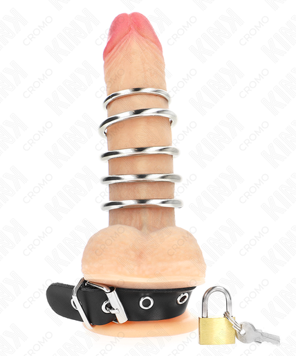KINK - LEATHER PENIS RING WITH LOCK STRAP 21 X 2 CM AND 5 METAL RINGS FROM 3 CM TO 4 CM