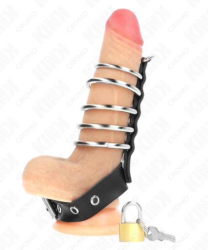 KINK - LEATHER PENIS RING WITH LOCK STRAP 21 X 2 CM AND 5 METAL RINGS FROM 3 CM TO 4 CM