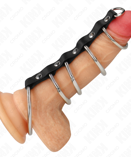 KINK - 5 METAL PENIS RINGS 3.2 CM TO 5 CM CONNECTED BY LEATHER