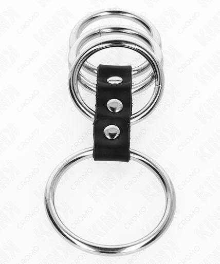 KINK - 4 METAL PENIS RINGS 3.7 CM TO 5 CM CONNECTED BY LEATHER