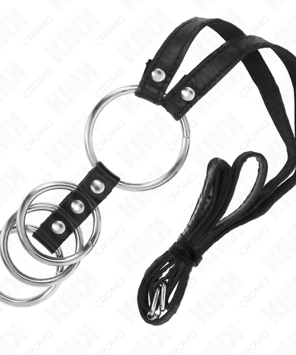 KINK - 4 CONNECTED METAL PENIS RINGS 3.8 CM TO 5 CM WITH LEATHER BELT 112 CM