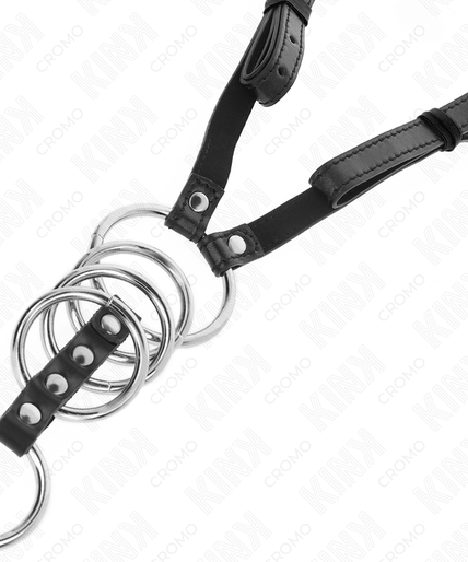 KINK - 5 PENIS RINGS 3.8 CM TO 5 CM METAL WITH LEATHER BELT 112 CM