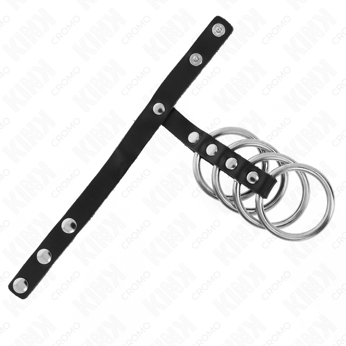 Kink – 4 metalen peniskringen van 3,8 cm verbonden met een leren band van 22 x 1,5 cm en druksluiting